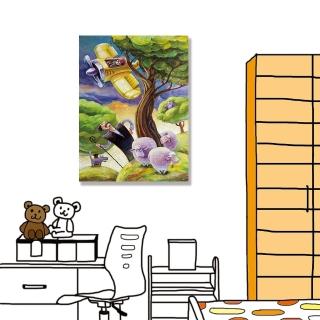 【24mama 掛畫】單聯式 油畫布 藝術 插圖 樹 飛機 螺旋槳 動物 羊 狼 牧羊人 無框畫-60x80cm(卡通農場)