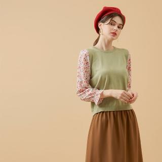 【MASTINA】雪紡印花假兩件式-女長袖針織衫 假兩件 綠 紫(二色/魅力商品/版型適中)