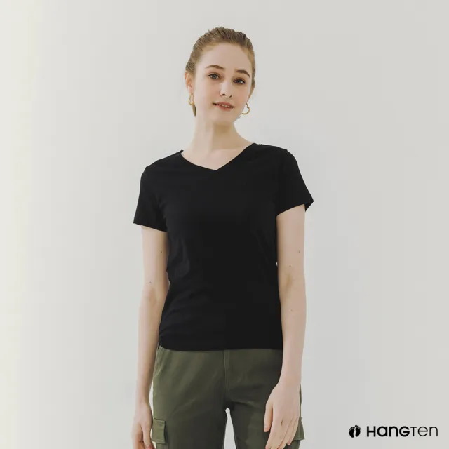 【Hang Ten】女裝-BCI純棉經典腳丫V領短袖T恤(黑)