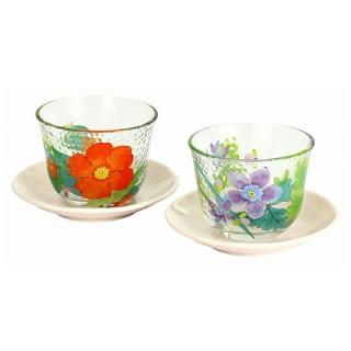 【陶瓷藍】旬花附茶托冷茶玻璃杯2入組(日本製 日本原裝進口瓷器)