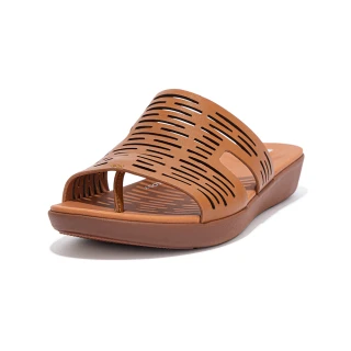 【FitFlop】H-BAR LASER-CUT LEATHER SLIDES 簍空雷射雕刻設計皮革H型夾腳涼鞋-女(淺褐色)