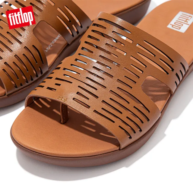 【FitFlop】H-BAR LASER-CUT LEATHER SLIDES 簍空雷射雕刻設計皮革H型夾腳涼鞋-女(淺褐色)