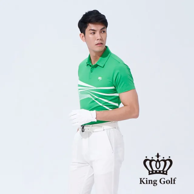 【KING GOLF】速達-男款放射線條撞色印圖開襟POLO衫/高爾夫球衫(綠色)