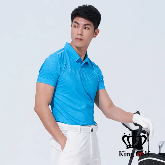【KING GOLF】速達-男款三角撞色印圖開襟POLO衫/高爾夫球衫(藍色)