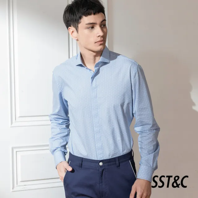 【SST&C 最後５５折】舒適純棉藍色迴型印花襯衫0312203022