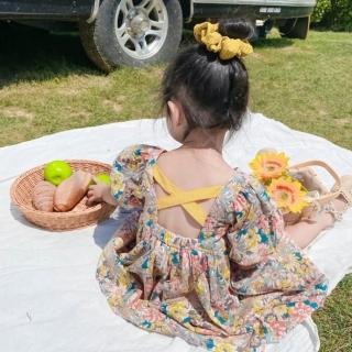 【橘魔法】牡丹花交叉露背方領公主袖小洋裝(連衣裙 連身裙 短袖洋裝 女童 童裝 兒童)