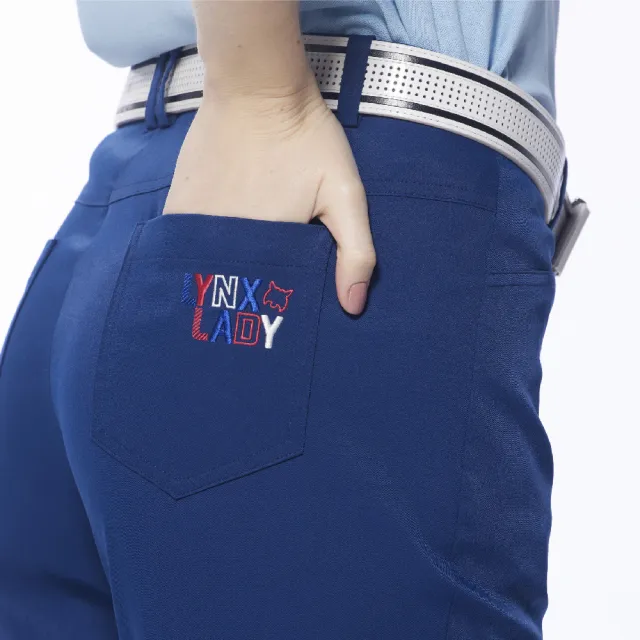 【Lynx Golf】女款日本進口布料吸汗速乾配色織帶設計窄管長褲(深藍色)