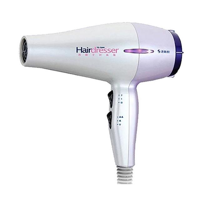IONIZER達新牌 TS-7000 負離子吹風機，採用先進離子技術，快速乾燥頭髮同時減少靜電與毛躁。1200W強大功率，三段溫度與兩段風速調整，適合各種髮質。輕巧設計僅540g，主機尺寸230x91x225mm，白色系外觀時尚。標準附吹風筒配件，110V/60Hz電壓使用，中國原產地，享1年保固。完美選擇專業美髮與居家護理，買家評價高達95%滿意度，提升頭髮光澤與健康。