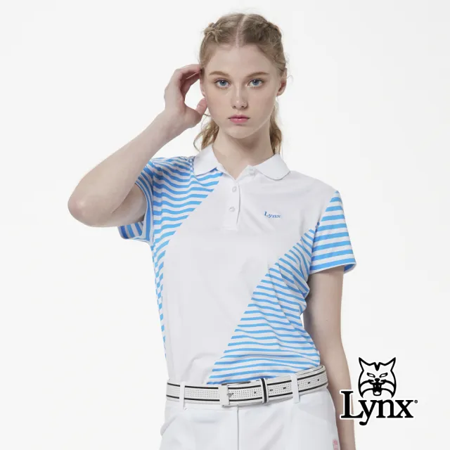 【Lynx Golf】女款吸汗速乾羅紋領橫條背後滿版印花短袖立領POLO衫(白色)