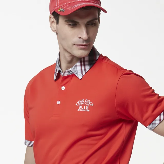 【Lynx Golf】男款吸濕排汗素面基本款格子配布設計短袖POLO衫(紅色)