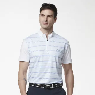 【Lynx Golf】男款吸汗速乾橫條斜紋流線感印花短袖立領POLO衫(白色)