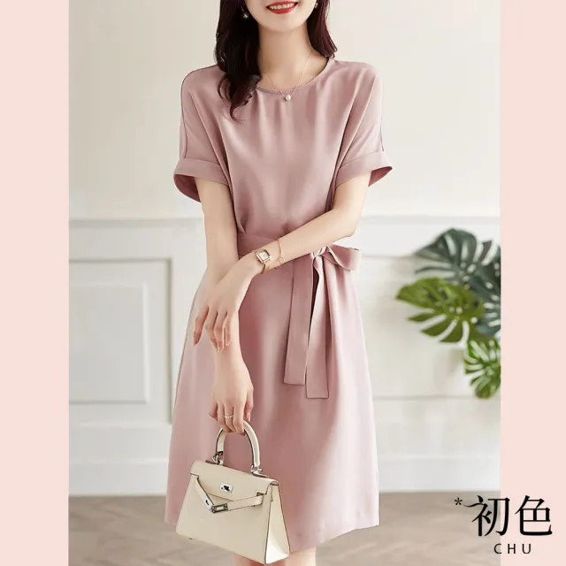 【初色】氣質收腰綁帶雪紡連身裙洋裝-粉紅色-60897(M-2XL可選)