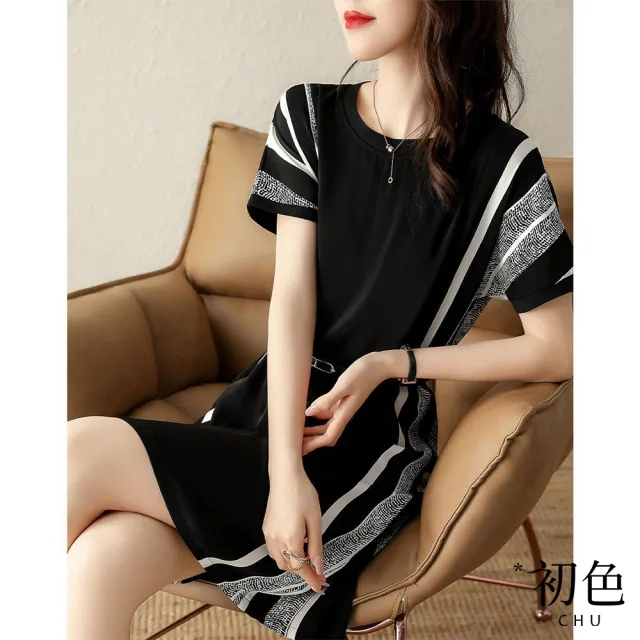 【初色】時尚修身拼接感雪紡連身裙洋裝-黑色-60892(M-2XL可選)