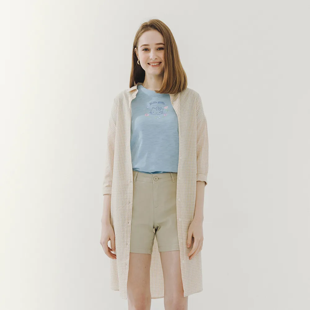 【Hang Ten】女裝-格紋七分袖襯衫洋裝(卡其)