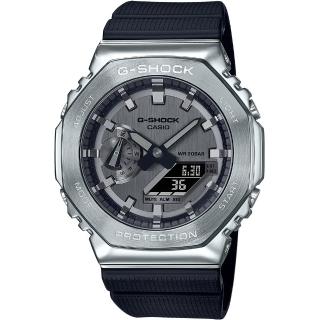 【CASIO 卡西歐】G-SHOCK 金屬時尚八角髮絲紋雙顯錶 禮物 開學(GM-2100-1A)