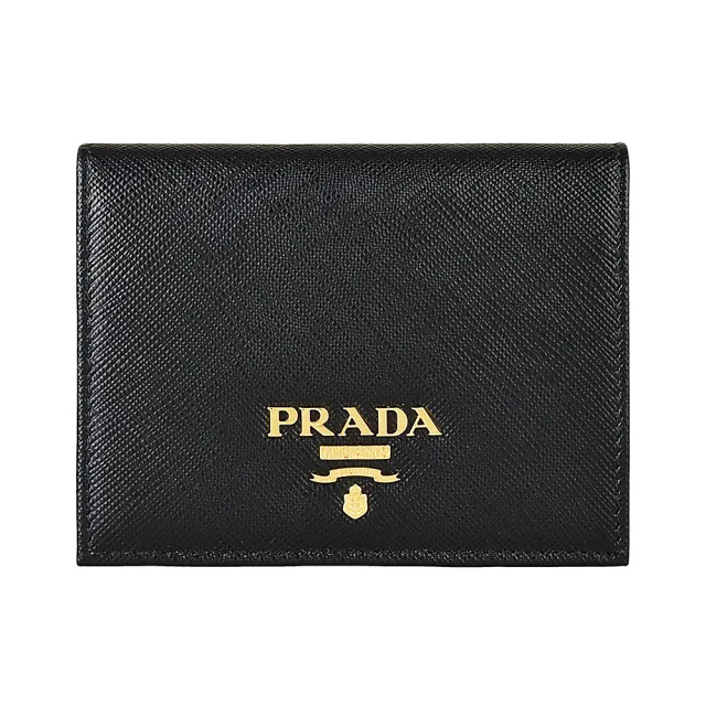【PRADA 普拉達】PRADA SAFFIANO METAL經典LOGO防刮牛皮4卡扣式對折短夾(黑)