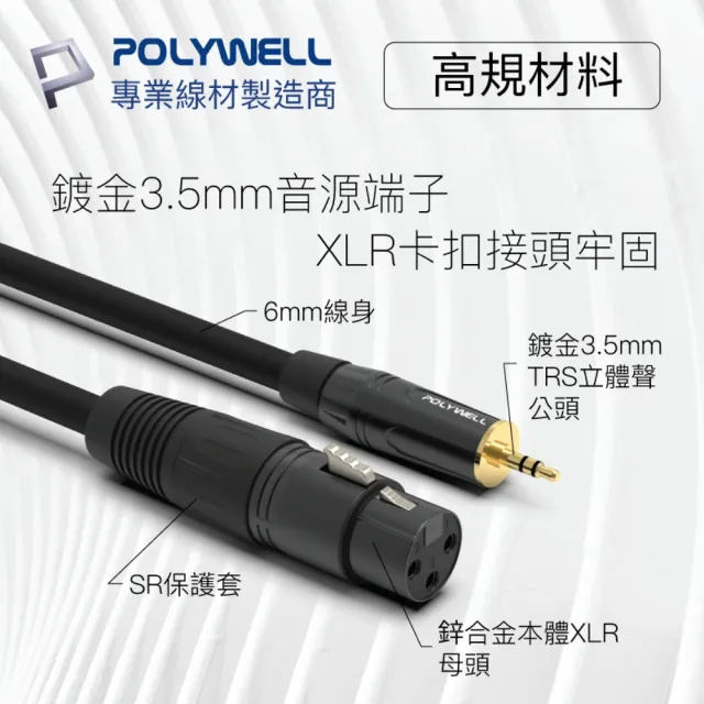 【POLYWELL】POLYWELL 3.5mm公轉XLR母 麥克風音源線 3M(麥克風和電腦設備連結的最佳選擇)