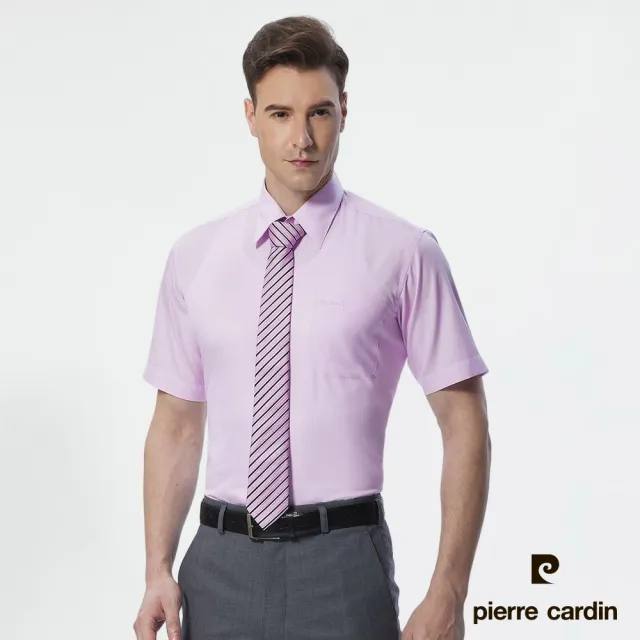 【pierre cardin 皮爾卡登】男襯衫 吸濕排汗免燙抗皺清爽觸感素色暗紋短袖襯衫_粉色(91151-71)