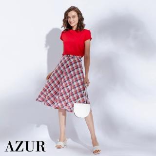 【AZUR】休閒OL腰帶方格紋打褶裙-2色