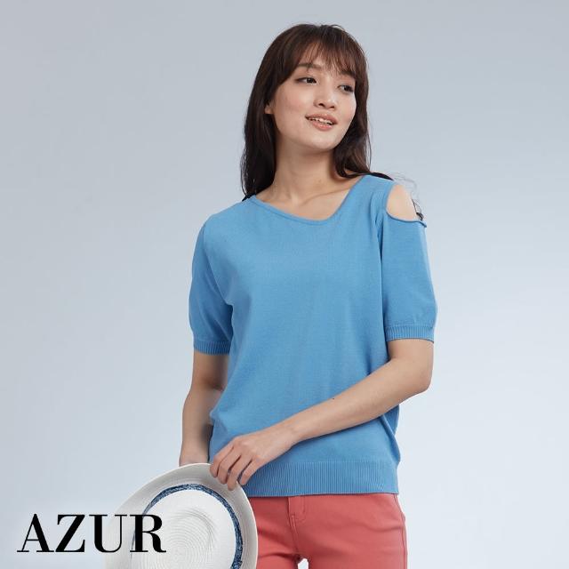 【AZUR】單肩挖空造型短袖針織上衣-3色