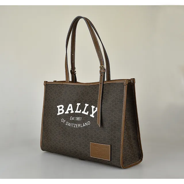 【BALLY】BALLY  Calie白字LOGO緹花PVC拼接牛皮磁扣式手提/肩背托特包(褐x棕)