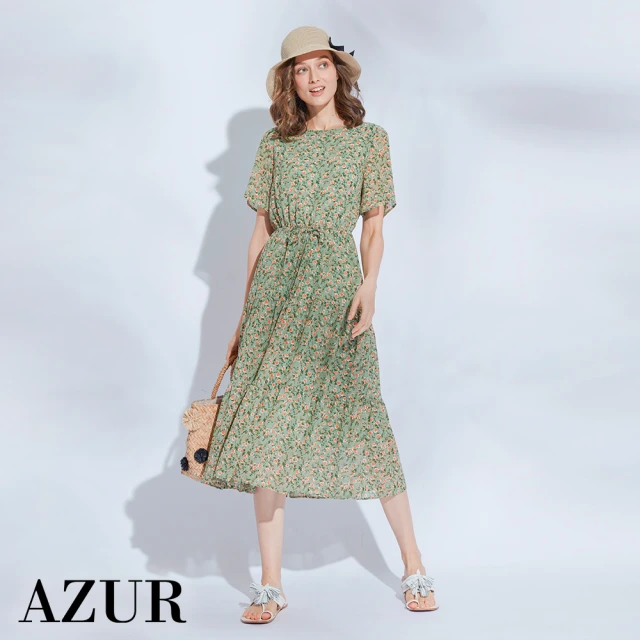 【AZUR】青澀碎花綁結雪紡洋裝-2色