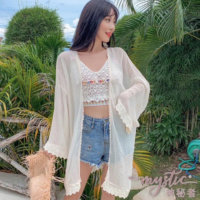 【TING BRA 婷姐內衣】長袖花邊雪紡中長版開衫防曬外罩罩衫(外罩 罩衫 泳衣罩衫)