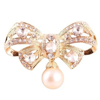 【ANGEL】典雅氣質蝴蝶結珍珠垂墜水鑽胸針別針(金色)