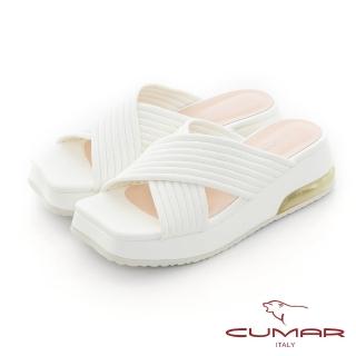 【CUMAR】方頭車澎大交叉厚底氣墊涼拖鞋(白)