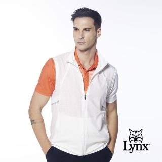 【Lynx Golf】男款吸排透氣易溶紗3M反光印花網布剪接拉鍊口袋無袖背心(白色)