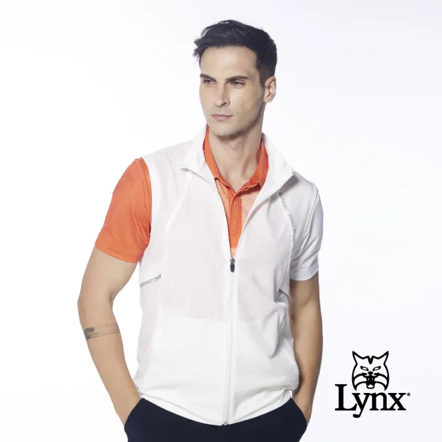 【Lynx Golf】男款吸排透氣易溶紗3M反光印花網布剪接拉鍊口袋無袖背心(白色)