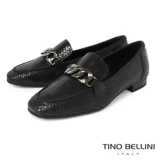 【TINO BELLINI 貝里尼】義大利進口蛇紋金屬鍊飾牛皮樂福鞋FZLT0005(黑)