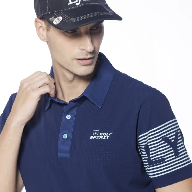【Lynx Golf】男款吸排透氣易溶紗材質3M反光印花短袖POLO衫/高爾夫球衫(深藍色)