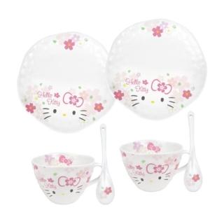 【小禮堂】HELLO KITTY 壓紋陶瓷咖啡杯盤6件組 《浪漫櫻花》(平輸品) 凱蒂貓