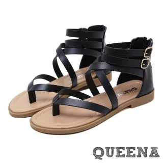 【QUEENA】簡約設計夾腳交叉繞帶時尚低跟羅馬涼鞋(黑)