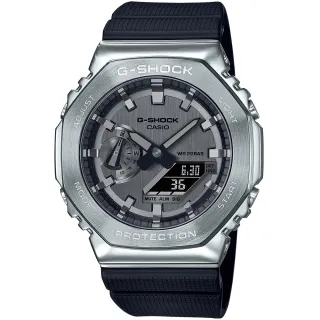 【CASIO 卡西歐】G-SHOCK 金屬時尚八角髮絲紋雙顯錶 母親節 禮物(GM-2100-1A/速)