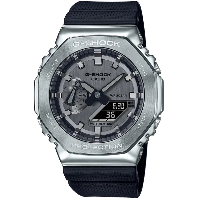 【CASIO 卡西歐】G-SHOCK 金屬時尚八角髮絲紋雙顯錶 禮物 開學(GM-2100-1A/速)