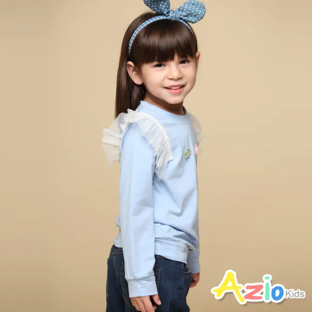 【Azio Kids 美國派】女童 上衣 立體小花刺繡肩網紗造型長袖上衣T恤(藍)