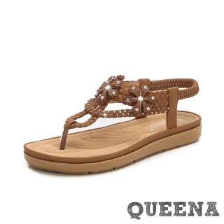 【QUEENA】波希米亞民族風麻花繩編美鑽花朵舒適T字羅馬厚底涼鞋(棕)