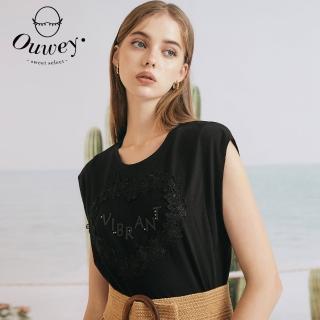 【OUWEY 歐薇】燙印字母愛心蕾絲花圈造型背心上衣3222071201(黑)