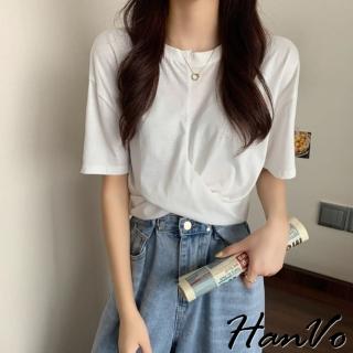 【HanVo】簡約扭結設計感短版T(休閒百搭顯瘦圓領短袖上衣 韓國簡約時尚T恤 韓系女裝 女生衣著 A01-1284)
