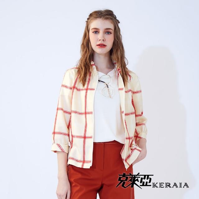 【KERAIA 克萊亞】紅緞日晨格紋荷葉領外套