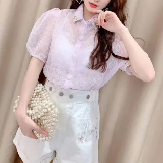 【BBHONEY】仙女泡泡袖珍珠襯衫微透蕾絲上衣(網美必備款)