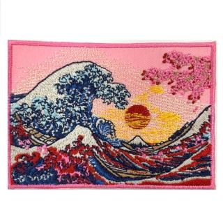 【A-ONE 匯旺】神奈川沖浪裡 粉紅櫻花 日本浮世繪 PATCH 刺繡背膠補丁 袖標 布標 布貼(NO.365)