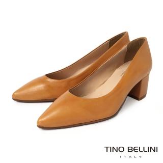 【TINO BELLINI 貝里尼】西班牙進口牛皮純色尖頭5.5CM粗跟鞋FSDV0005(棕)