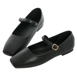 【Grace Gift】微方頭素面平底瑪莉珍鞋(黑)