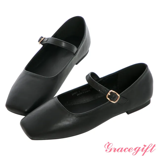 【Grace Gift】微方頭素面平底瑪莉珍鞋(黑)