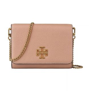 【TORY BURCH】TORY BURCH Britten 金屬鏤空雙T LOGO牛皮磁釦式掀蓋鏈帶肩揹包(粉紅)