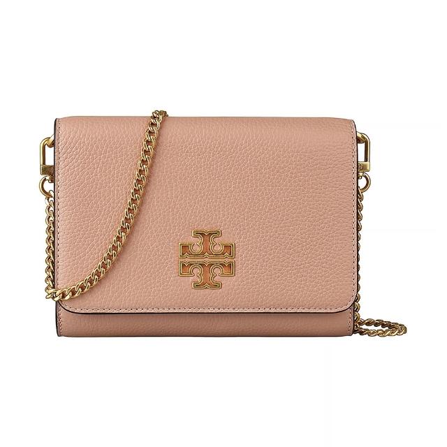 【TORY BURCH】TORY BURCH Britten 金屬鏤空雙T LOGO牛皮磁釦式掀蓋鏈帶肩背包(粉紅)