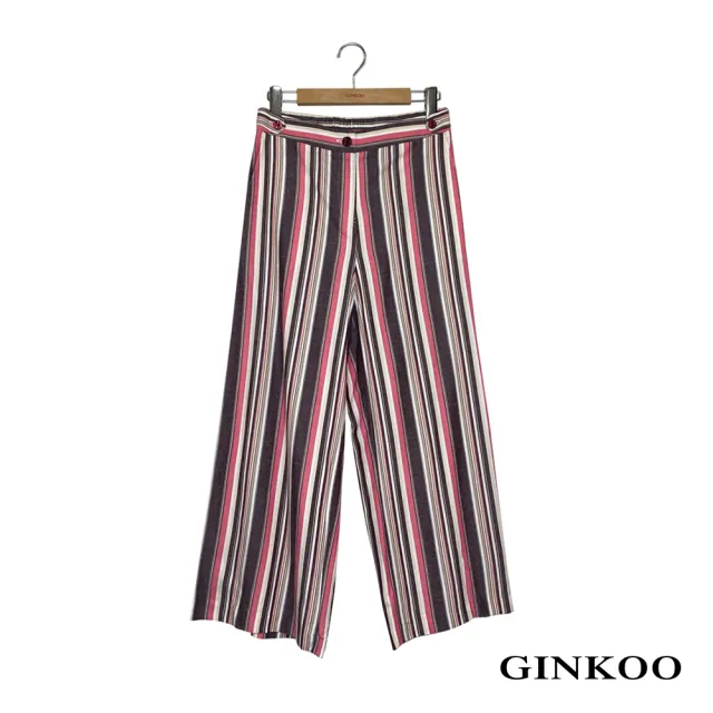 【GINKOO 俊克】粗細直條紋麻料寬褲